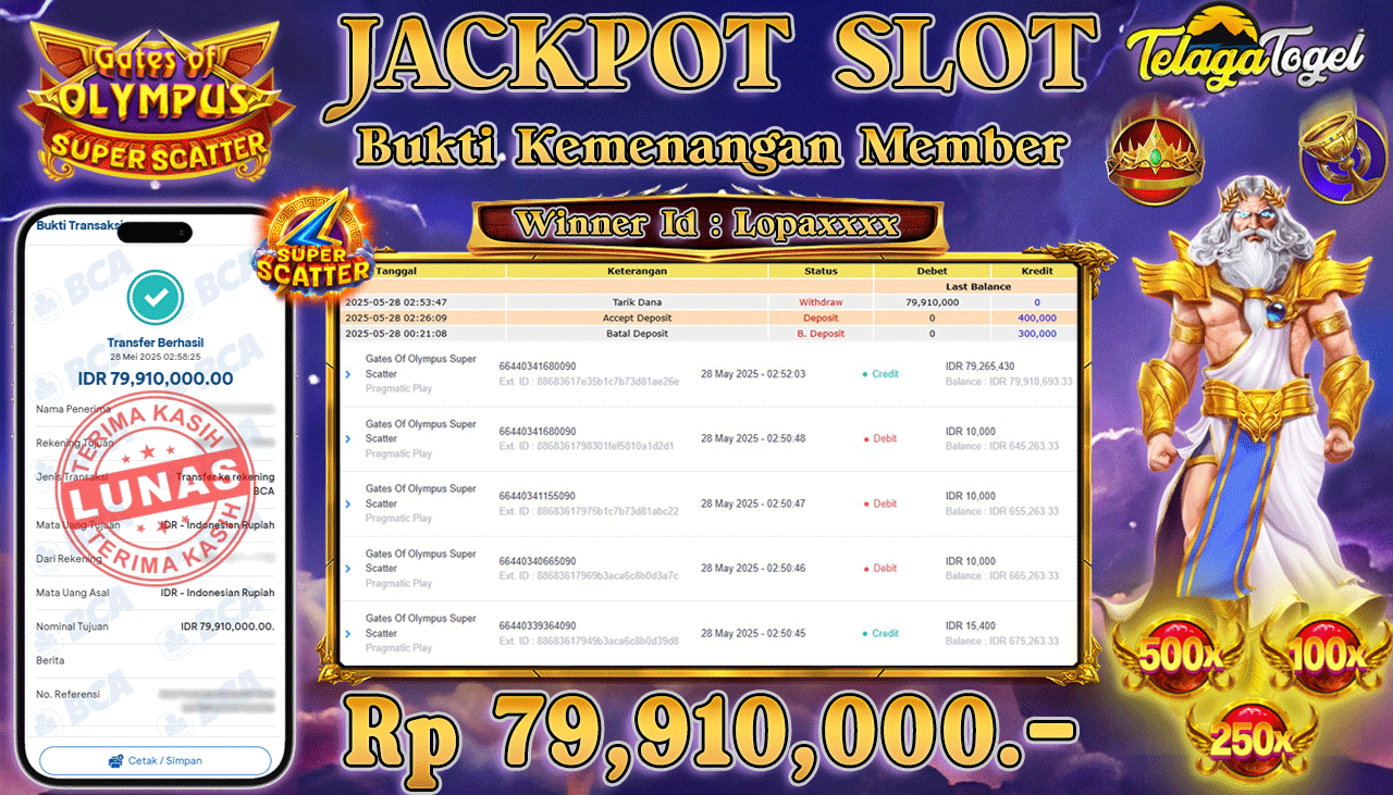 TELAGATOGEL JACKPOT SLOT Gates Of Olympus 1000 Super Scatter Rp 79,910,000,- LUNAS 