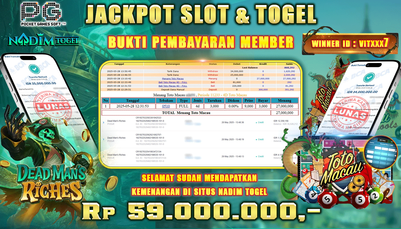 NADIMTOGEL JACKPOT SLOT DEAD MANS RICHES DAN TOTO MACAU 4D Rp 59.000.000,- LUNAS