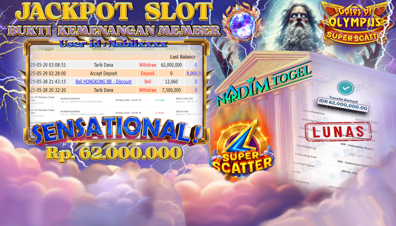 NADIMTOGEL JACKPOT SLOT GATES OF OLYMPUS SUPER SCATTER Rp 62.000.000,- LUNAS