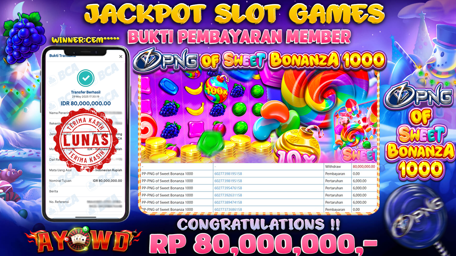 AYOWD JACKPOT SLOT GAMES PP-PNG OF SWEET BONANZA 1000 Rp 80,000,000- LUNAS