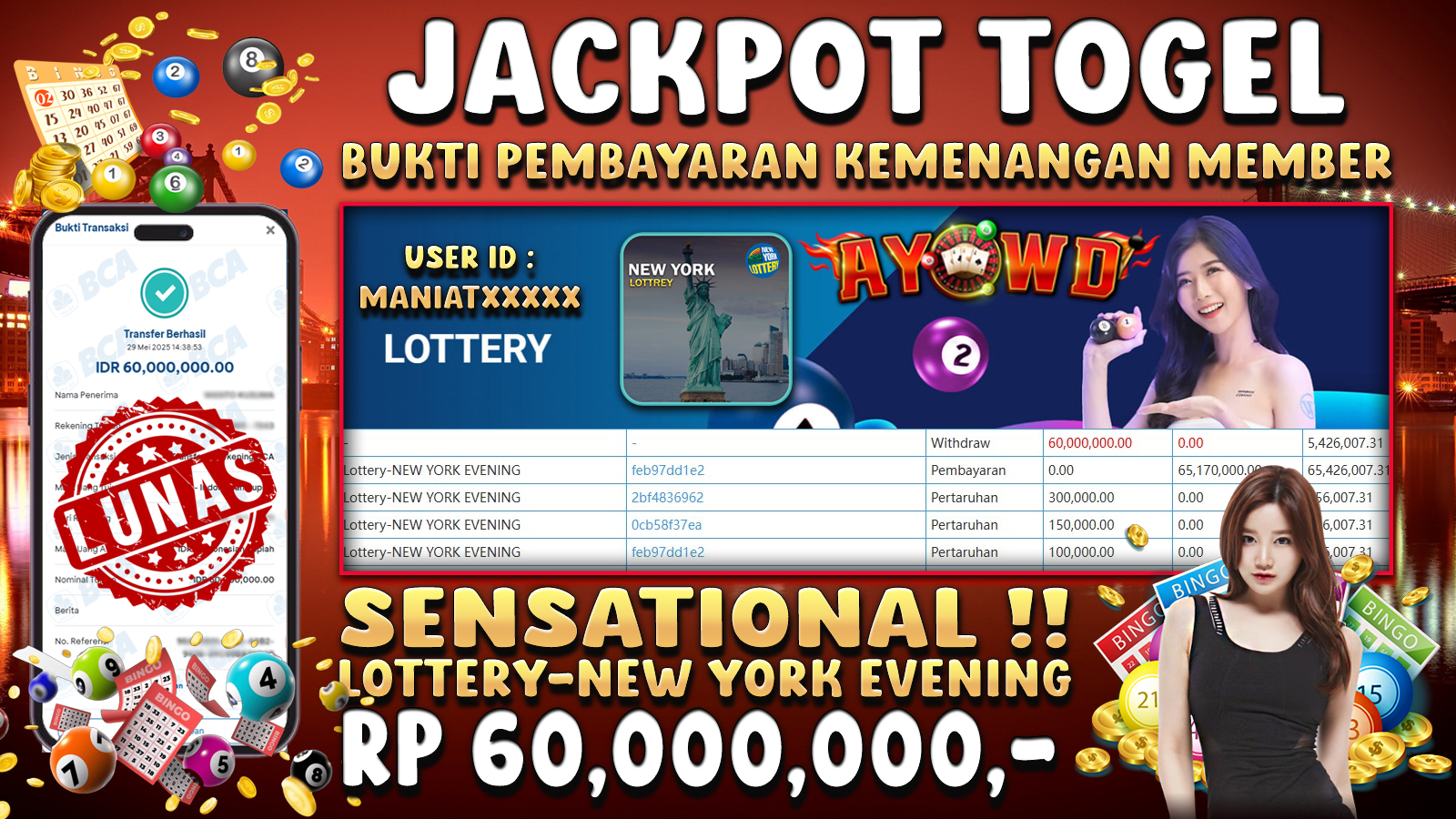 AYOWD JACKPOT TOGEL Lottery-NEW YORK EVENING Rp 60,000,000,- LUNAS