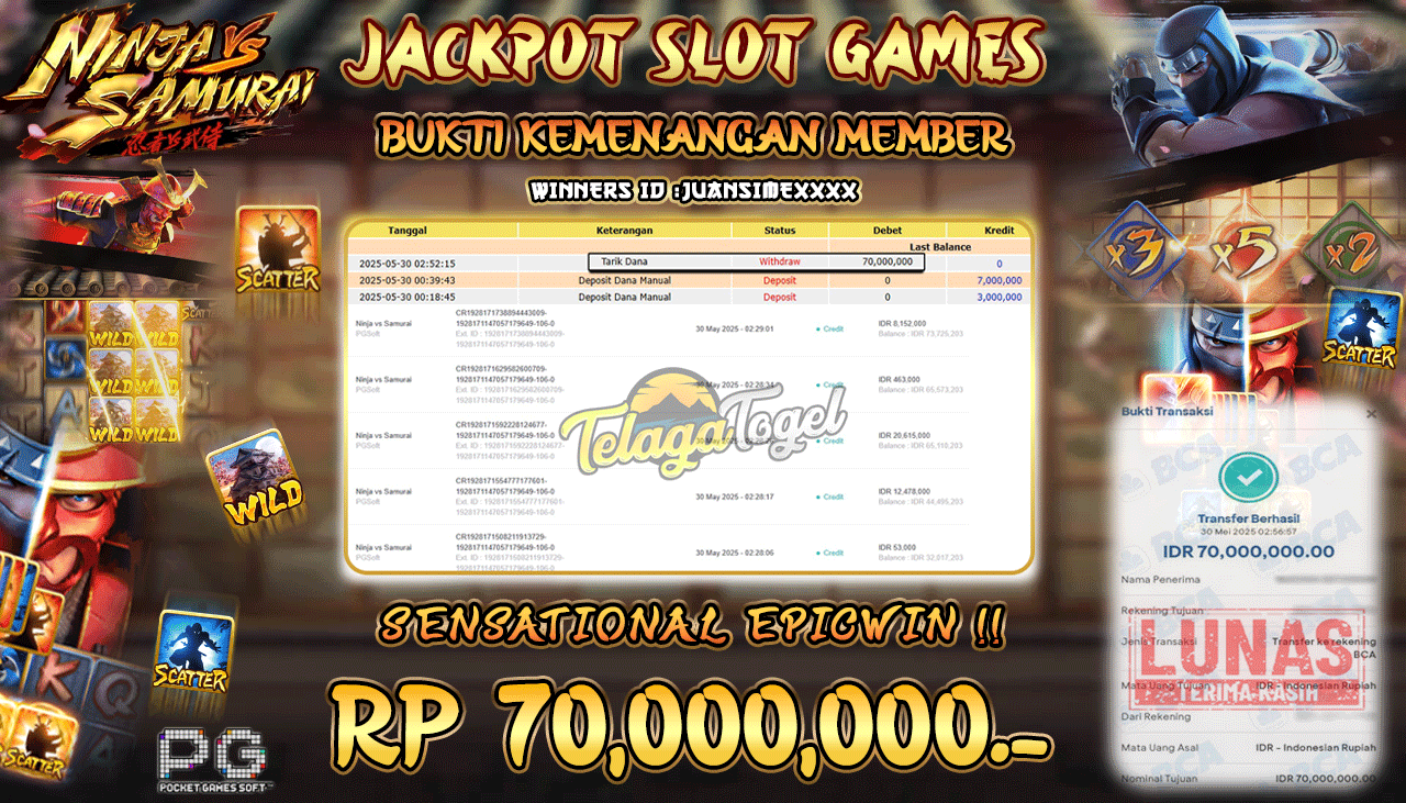 TELAGATOGEL JACKPOT SLOT NINJA VS SAMURAI Rp 70,000,000,- LUNAS 