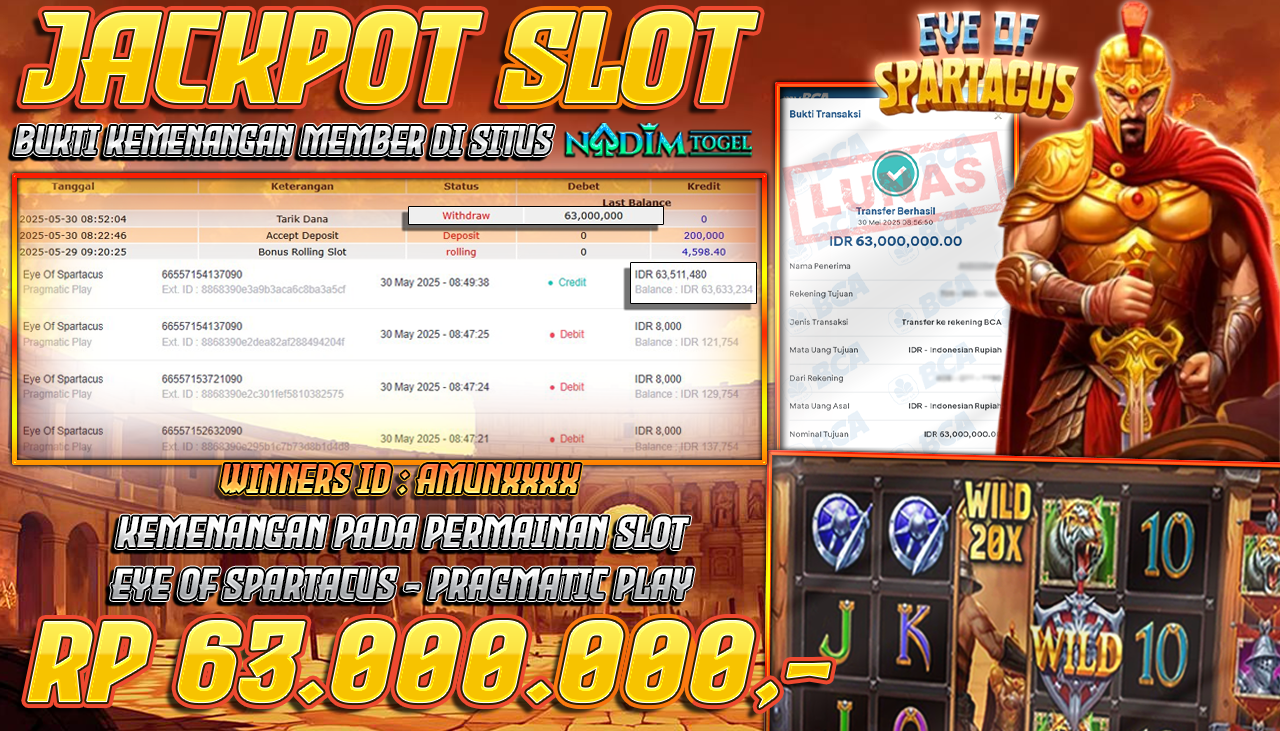 NADIMTOGEL JACKPOT SLOT EYE OF SPARTACUS Rp 63.000.000,- LUNAS