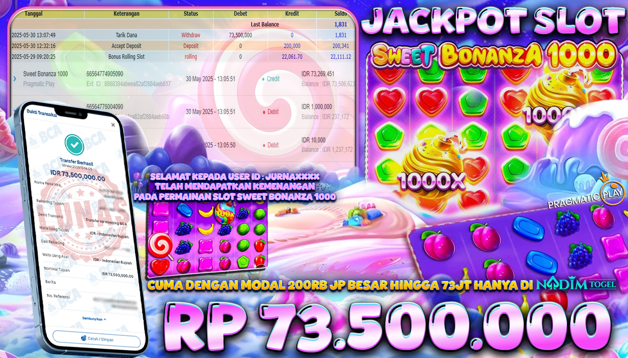 NADIMTOGEL JACKPOT SLOT SWEET BONANZA 1000 Rp 73.500.000,- LUNAS