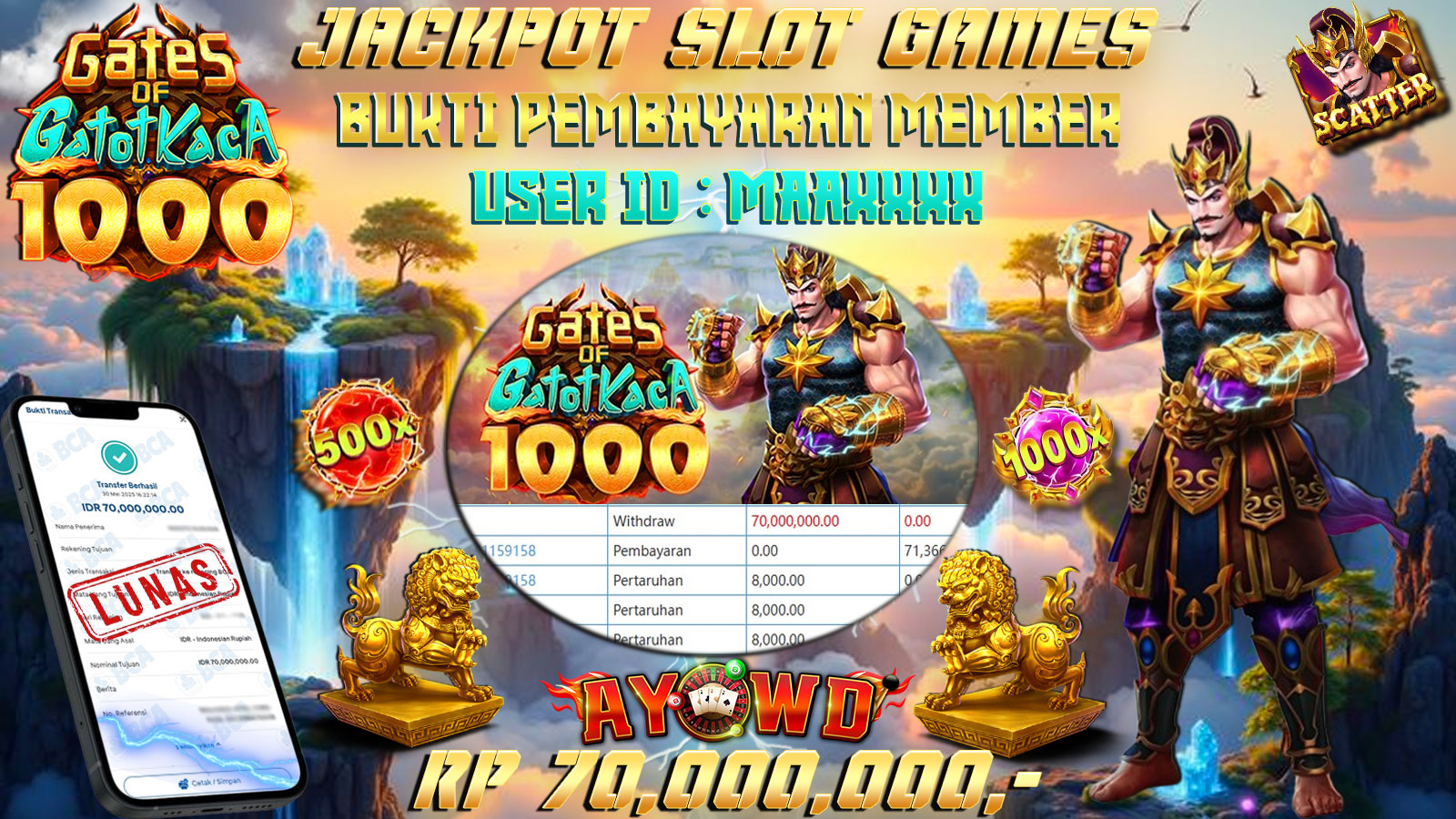 AYOWD JACKPOT SLOT GAMES PP-GATES OF GATOT KACA 1000 Rp 70,000,000- LUNAS