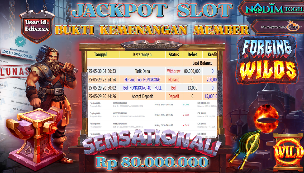 NADIMTOGEL JACKPOT SLOT FORGING WILDS Rp 80.000.000,- LUNAS
