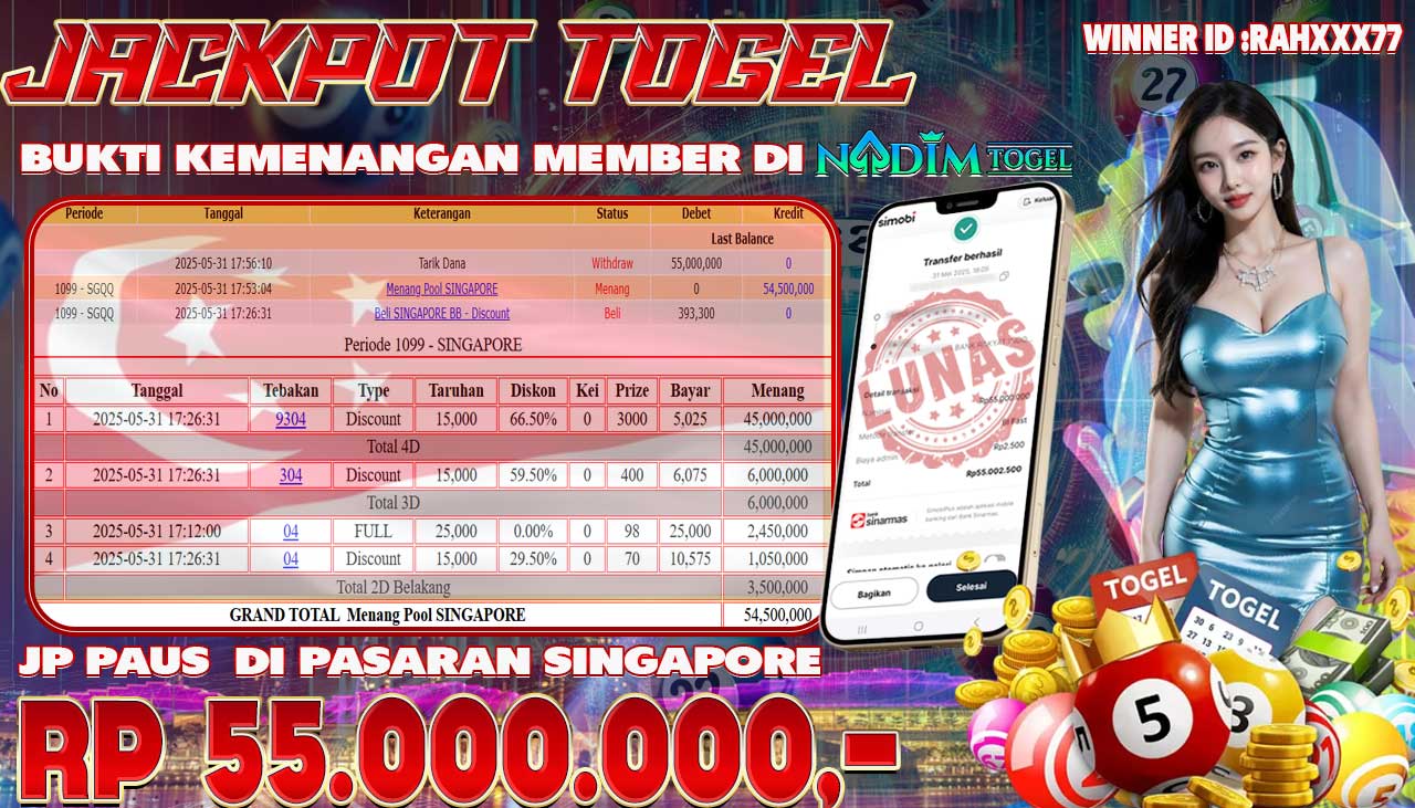 NADIMTOGEL JACKPOT TOGEL SINGAPORE  Rp 55.000.000,- LUNAS