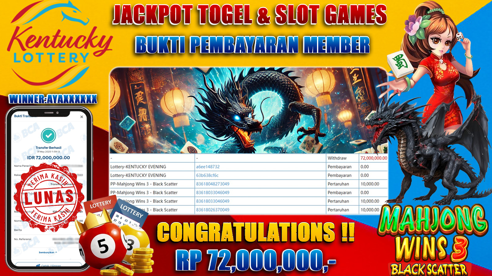 AYOWD JACKPOT  LOTTERY KENTUCKY EVENING & PP-MAHJONG WINS 3 BLACKSCATTER  Rp 72,000,000- LUNAS