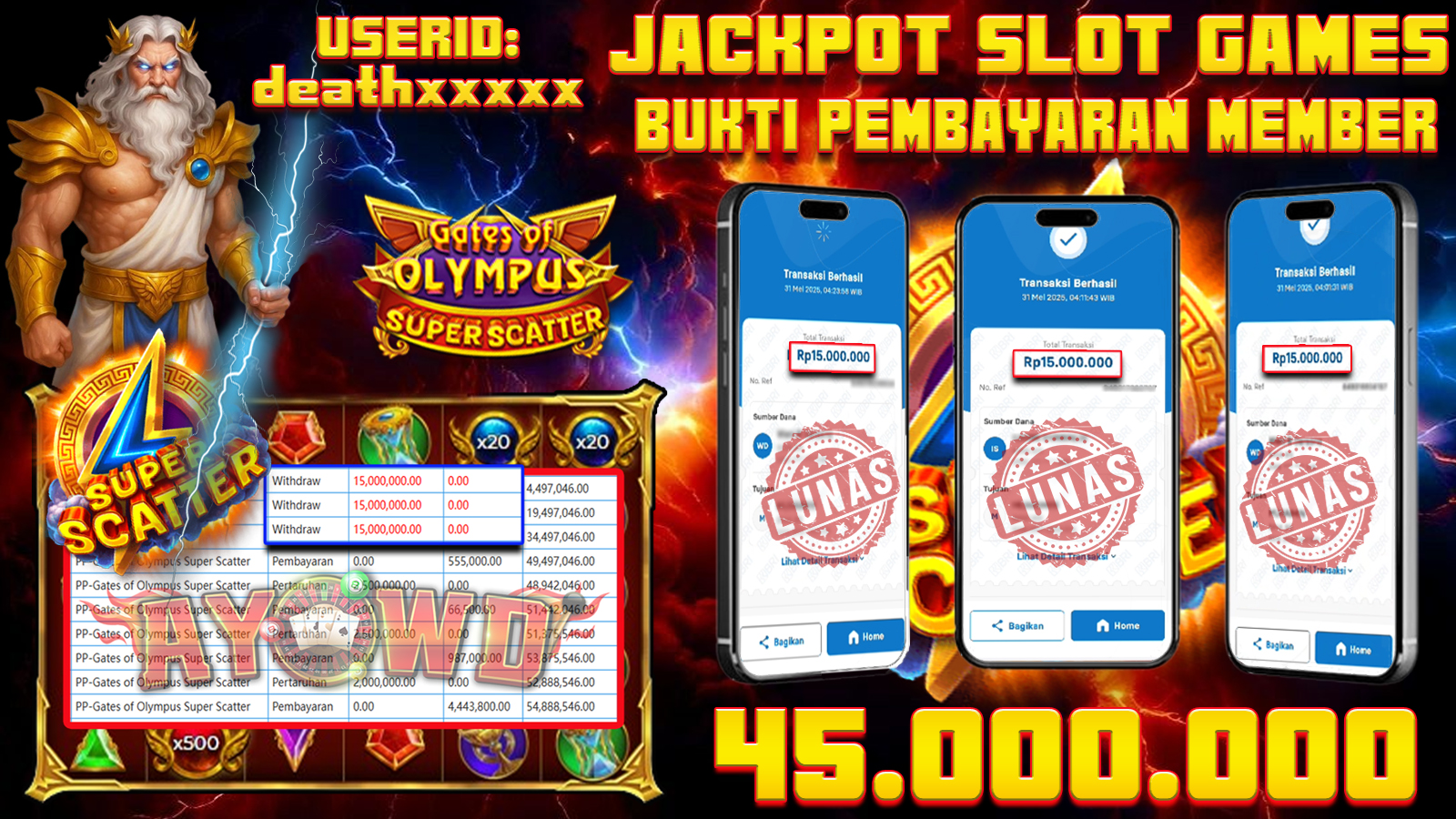 AYOWD JACKPOT SLOT GAMES  PP-Gates of Olympus Super Scatter  Rp 45,000,000- LUNAS