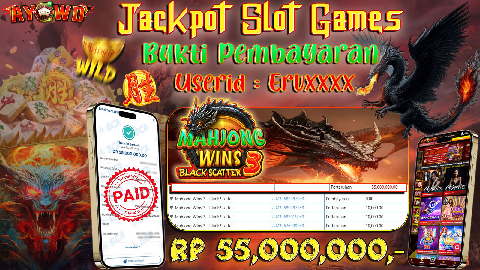 AYOWD JACKPOT SLOT GAMES PP-MAHJONG WINS 3 - BLACK SCATTER Rp 55,000,000- LUNAS