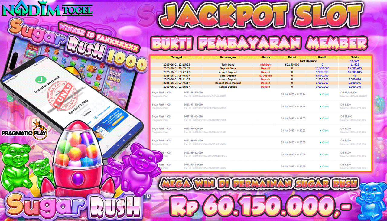 NADIMTOGEL JACKPOT SLOT SUGAR RUSH Rp 60.150.000,- LUNAS