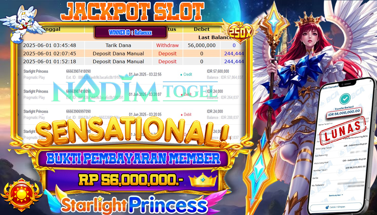 NADIMTOGEL JACKPOT SLOT STARLIGHT PRINCESS  Rp 56.000.000,- LUNAS