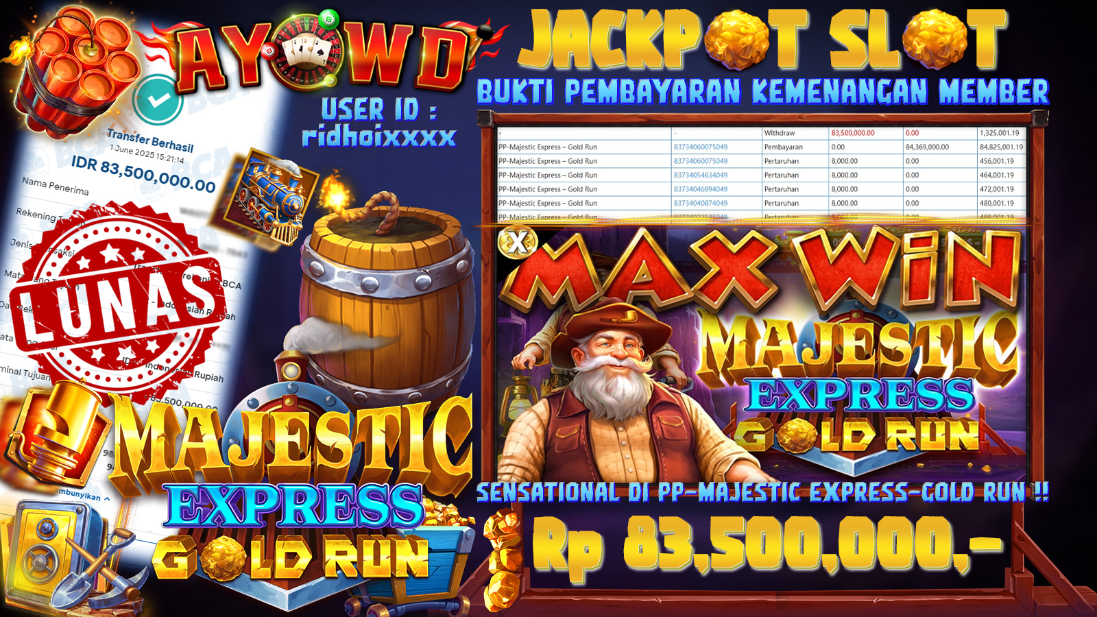 AYOWD JACKPOT SLOT GAMES PP-MAJESTIC EXPRESS-GOLD RUN Rp 83,500,000- LUNAS
