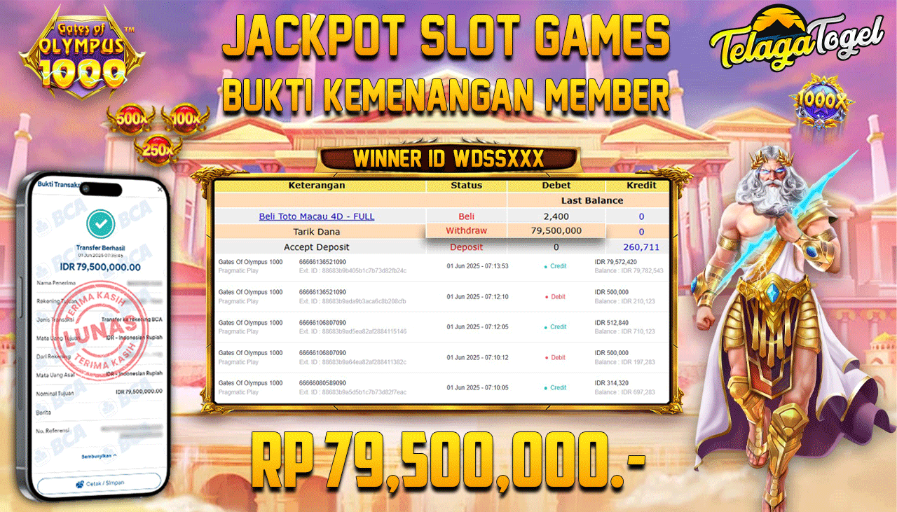 TELAGATOGEL JACKPOT SLOT GATES OF OLYMPUS 1000 Rp 79,500,000,- LUNAS 