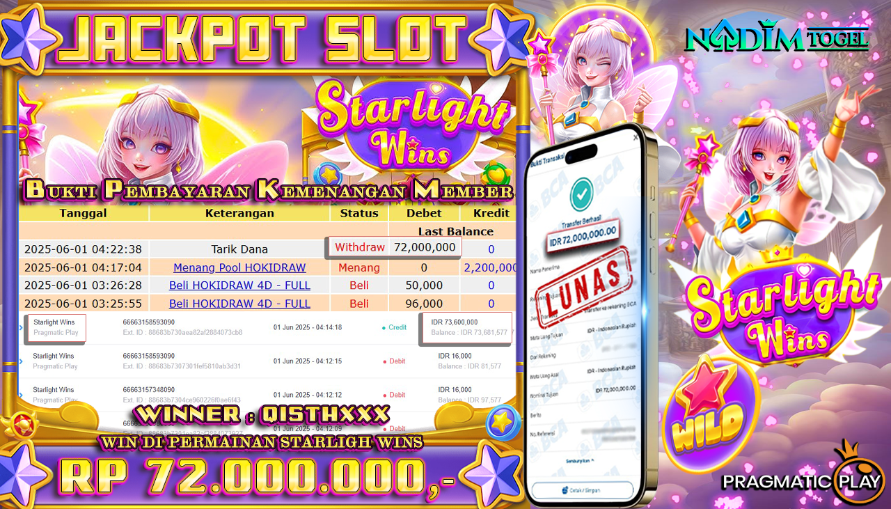 NADIMTOGEL JACKPOT SLOT STARLIGHT WINS  Rp 72.000.000,- LUNAS