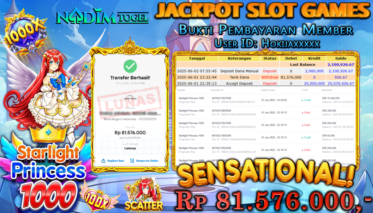 NADIMTOGEL JACKPOT SLOT STARLIGHT PRINCESS 1000 Rp 81.576.000,- LUNAS