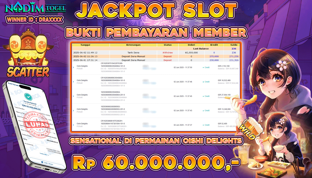 NADIMTOGEL JACKPOT SLOT OISHI DALIGHTS Rp 60.000.000 ,- LUNAS