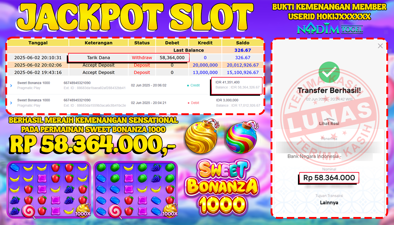 NADIMTOGEL JACKPOT SLOT SWEET BONANZA 1000 Rp 58.364.000,- LUNAS