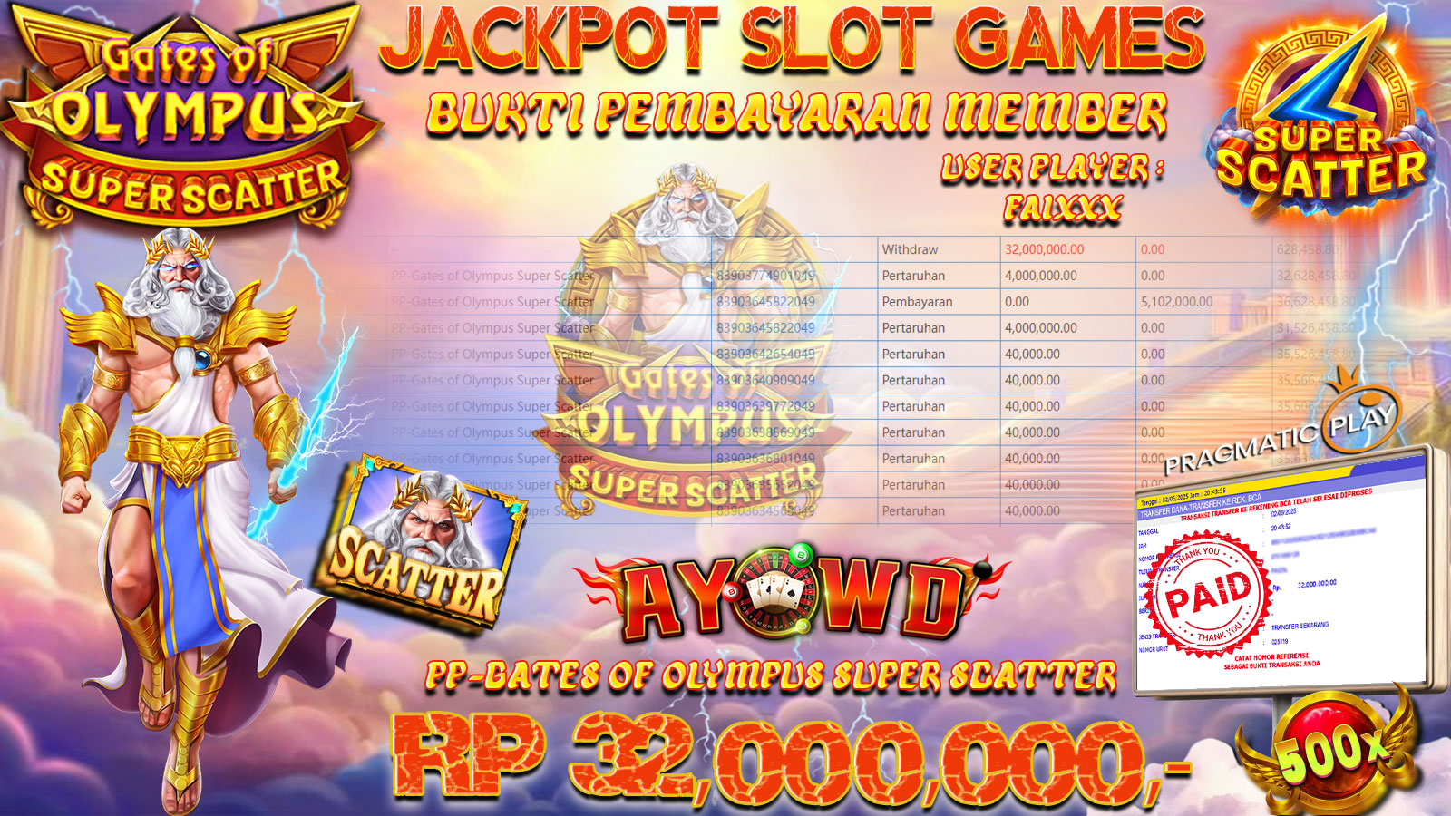 AYOWD JACKPOT SLOT GAMES PP-GATES OF OLYMPUS SUPER SCATTER Rp 32,000,000- LUNAS