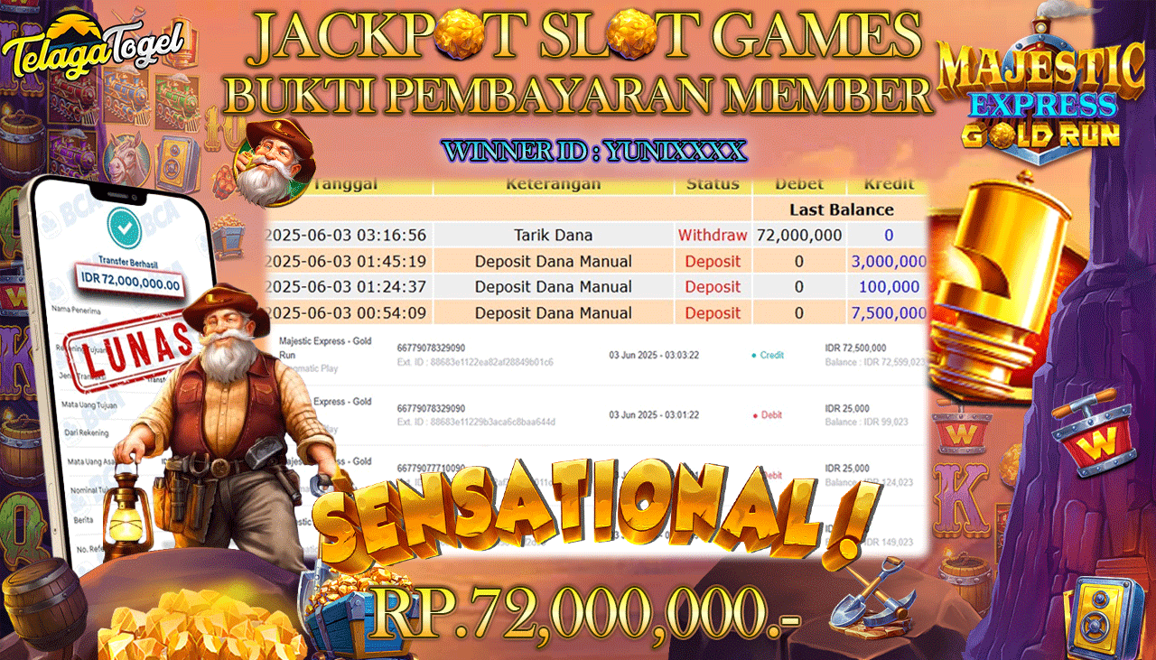 TELAGATOGEL JACKPOT SLOT MAJESTIC EXPRESS GOLD RUN Rp 72,000,000,- LUNAS 