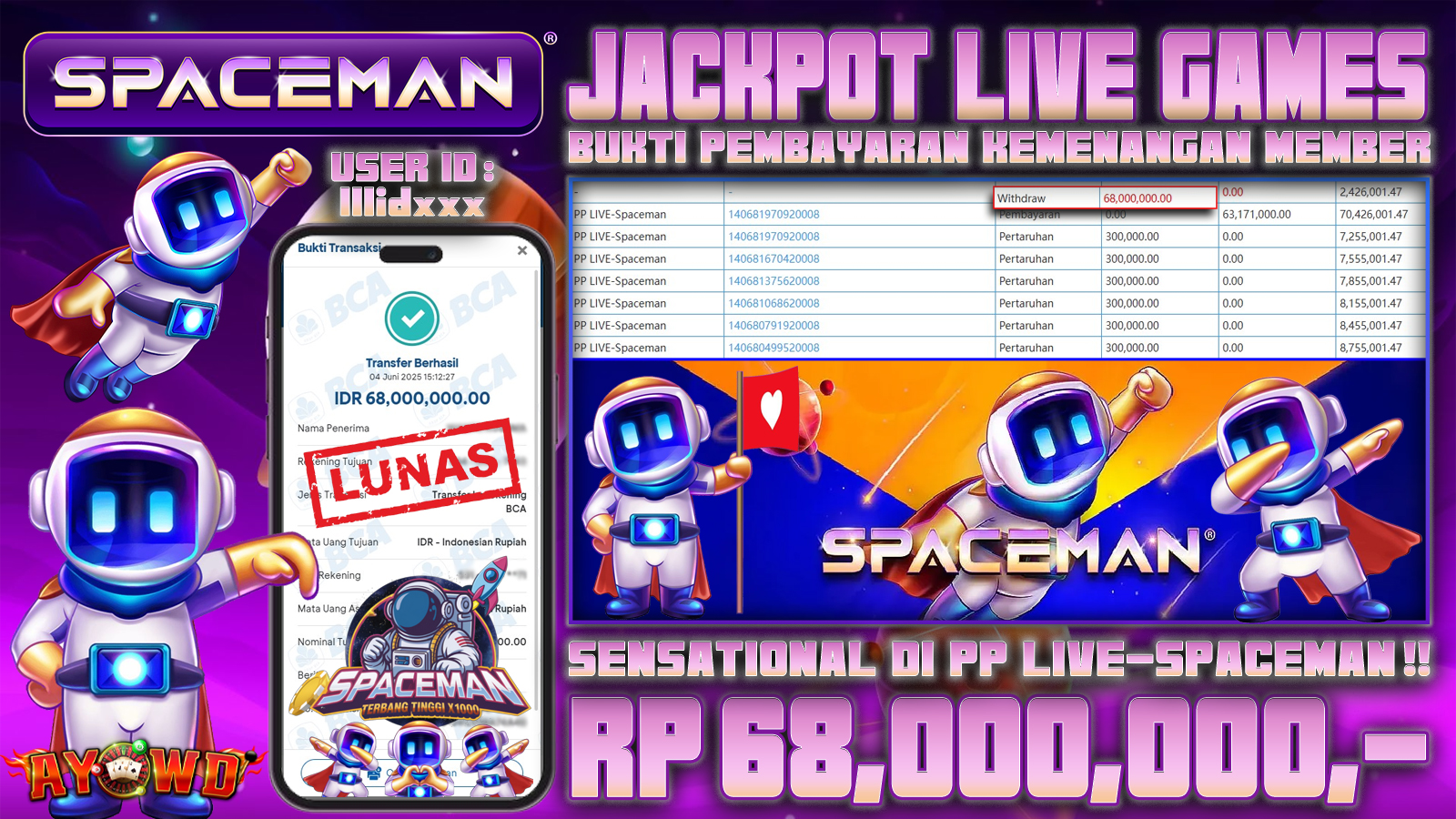 AYOWD JACKPOT PP LIVE-Spaceman Rp 68,000,000 LUNAS