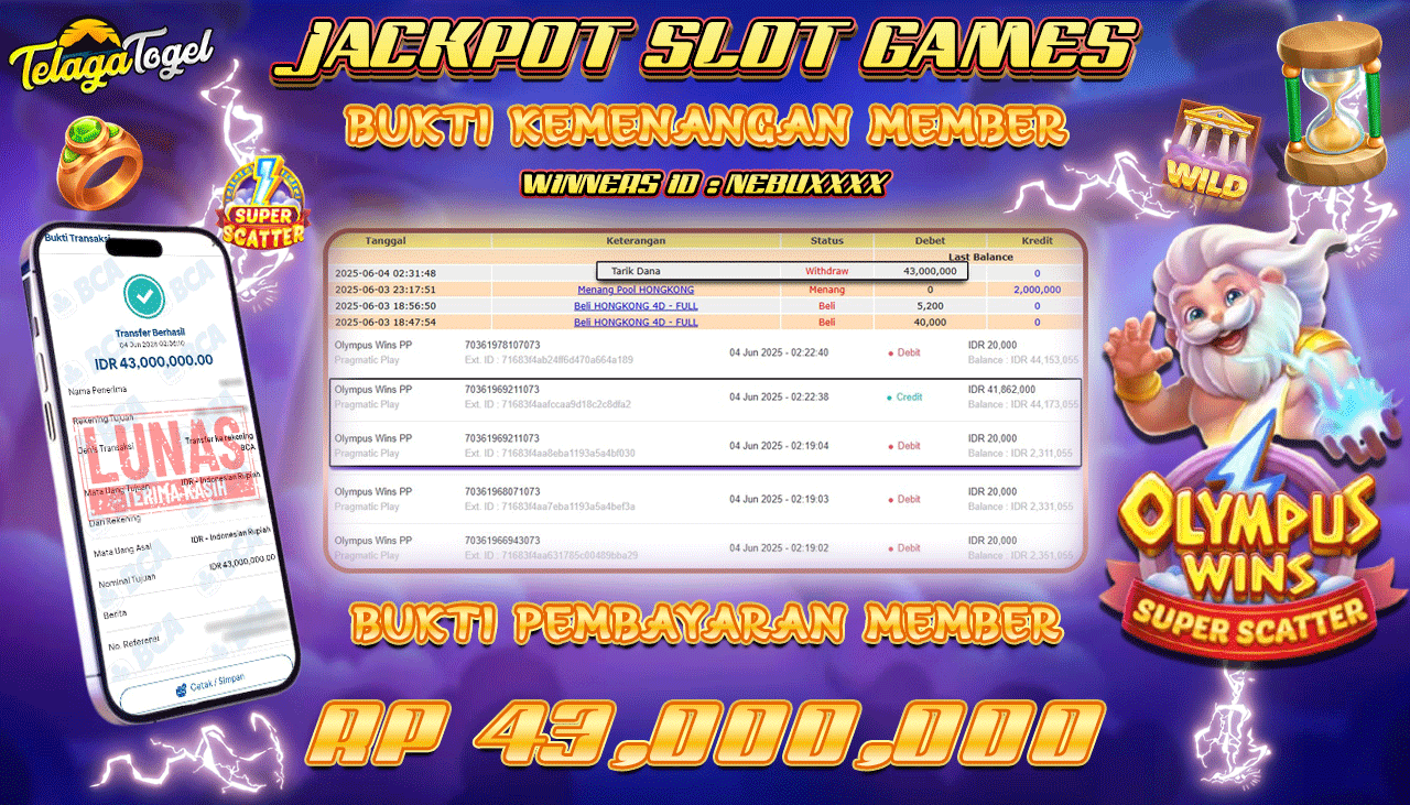 TELAGATOGEL JACKPOT SLOT OLYMPUS WINS PP Rp 43,000,000,- LUNAS 