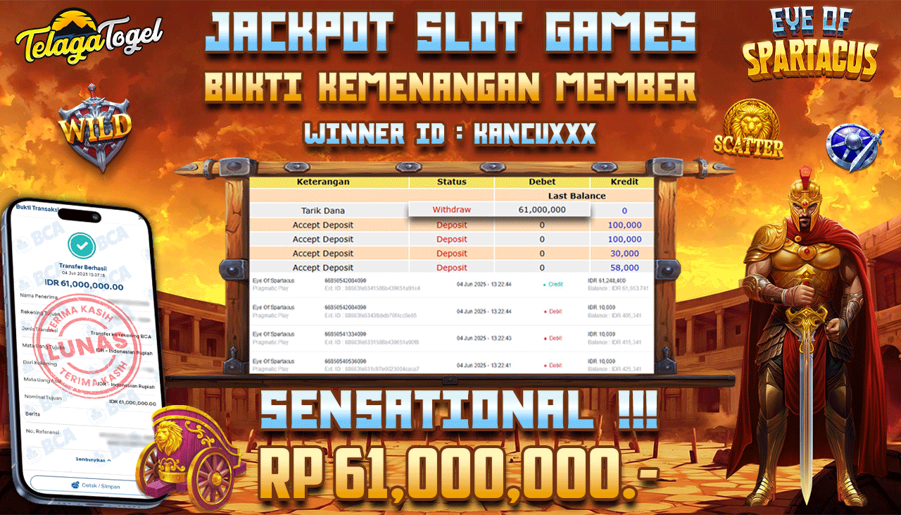 TELAGATOGEL JACKPOT SLOT EYE OF SPARTACUS Rp 61,000,000,- LUNAS 