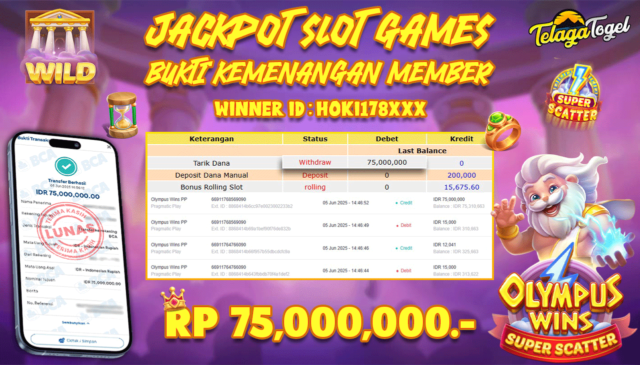 TELAGATOGEL JACKPOT SLOT OLYMPUS WINS PP Rp 75,000,000,- LUNAS  