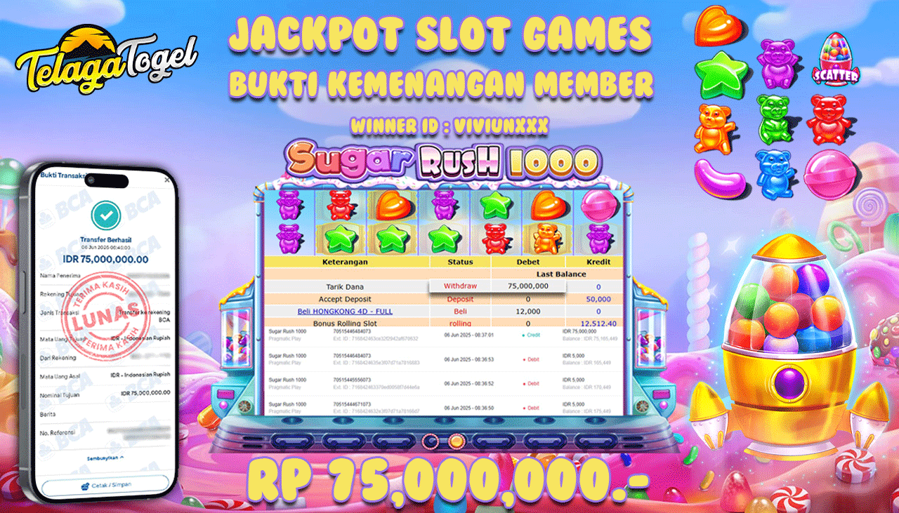 TELAGATOGEL JACKPOT SLOT SUGAR RUSH 1000 Rp 75,000,000,- LUNAS  