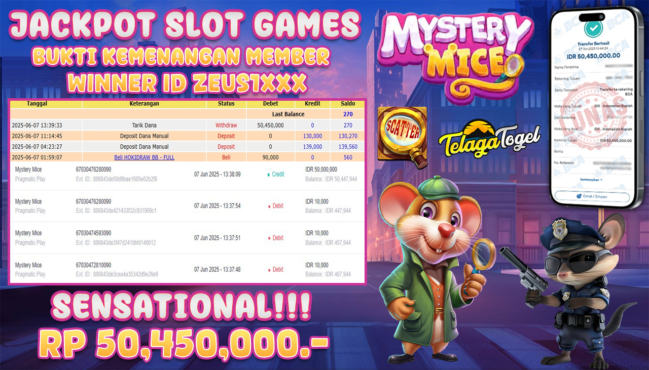 TELAGATOGEL JACKPOT SLOT MYSTERY MICE Rp 50,450,000,- LUNAS  