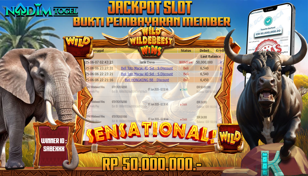 NADIMTOGEL JACKPOT SLOT WILD WILDEBEEST WINS  Rp 50.000.000,- LUNAS