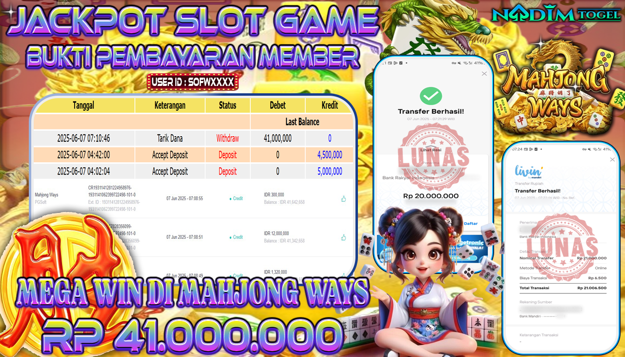 NADIMTOGEL JACKPOT SLOT MAHJONG WAYS Rp 41.000.000,- LUNAS