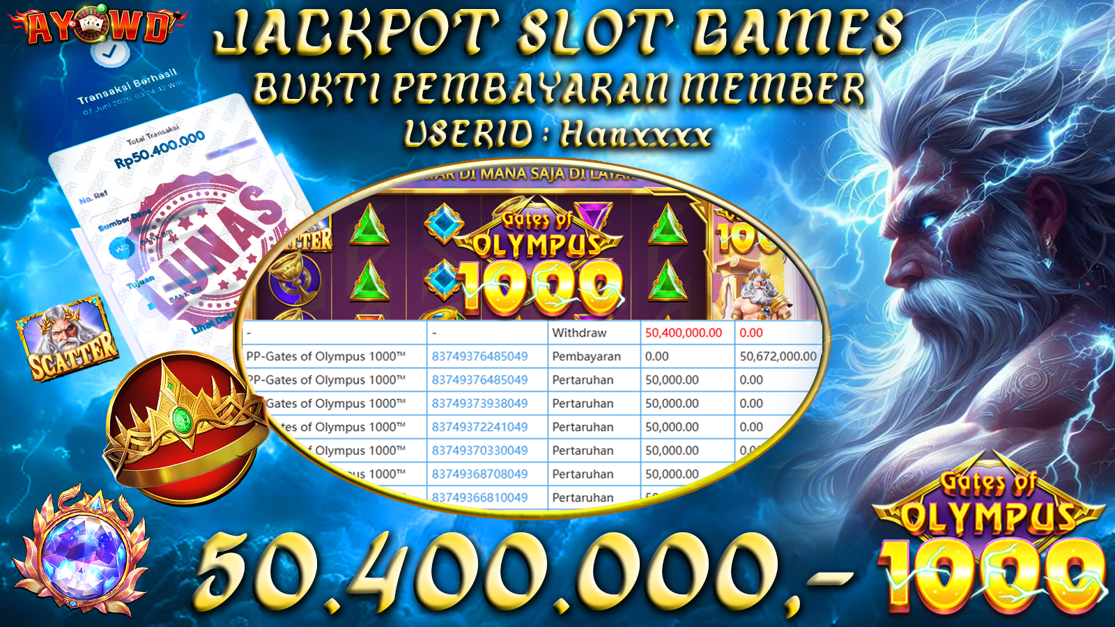 AYOWD JACKPOT SLOT GAMES PP-Gates of Olympus 1000™ Rp 50,400,000- LUNAS