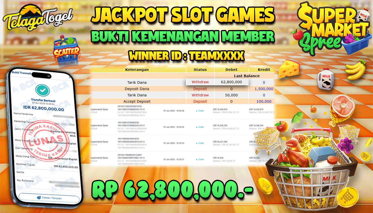 TELAGATOGEL JACKPOT SLOT SUPERMARKET SPREE Rp 62,800,000,- LUNAS  