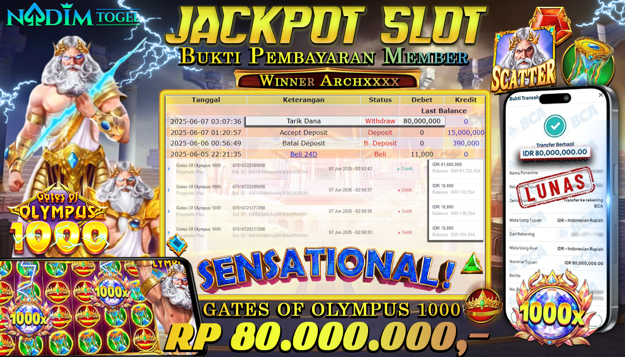 NADIMTOGEL JACKPOT SLOT GATES OF OLYMPUS 1000  Rp 80.000.000,- LUNAS