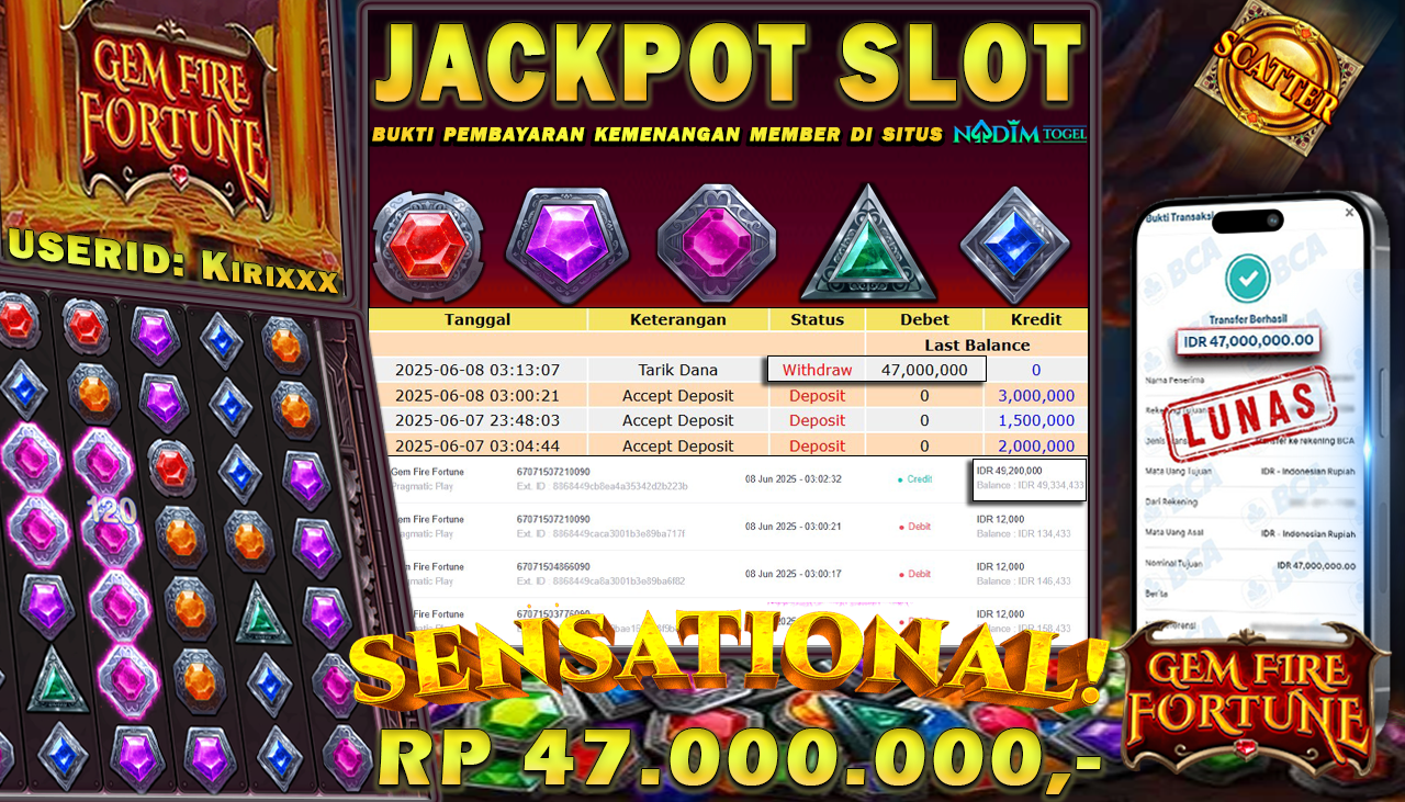 NADIMTOGEL JACKPOT SLOT GEM FIRE FORTUNE PP Rp 47.000.000,- LUNAS