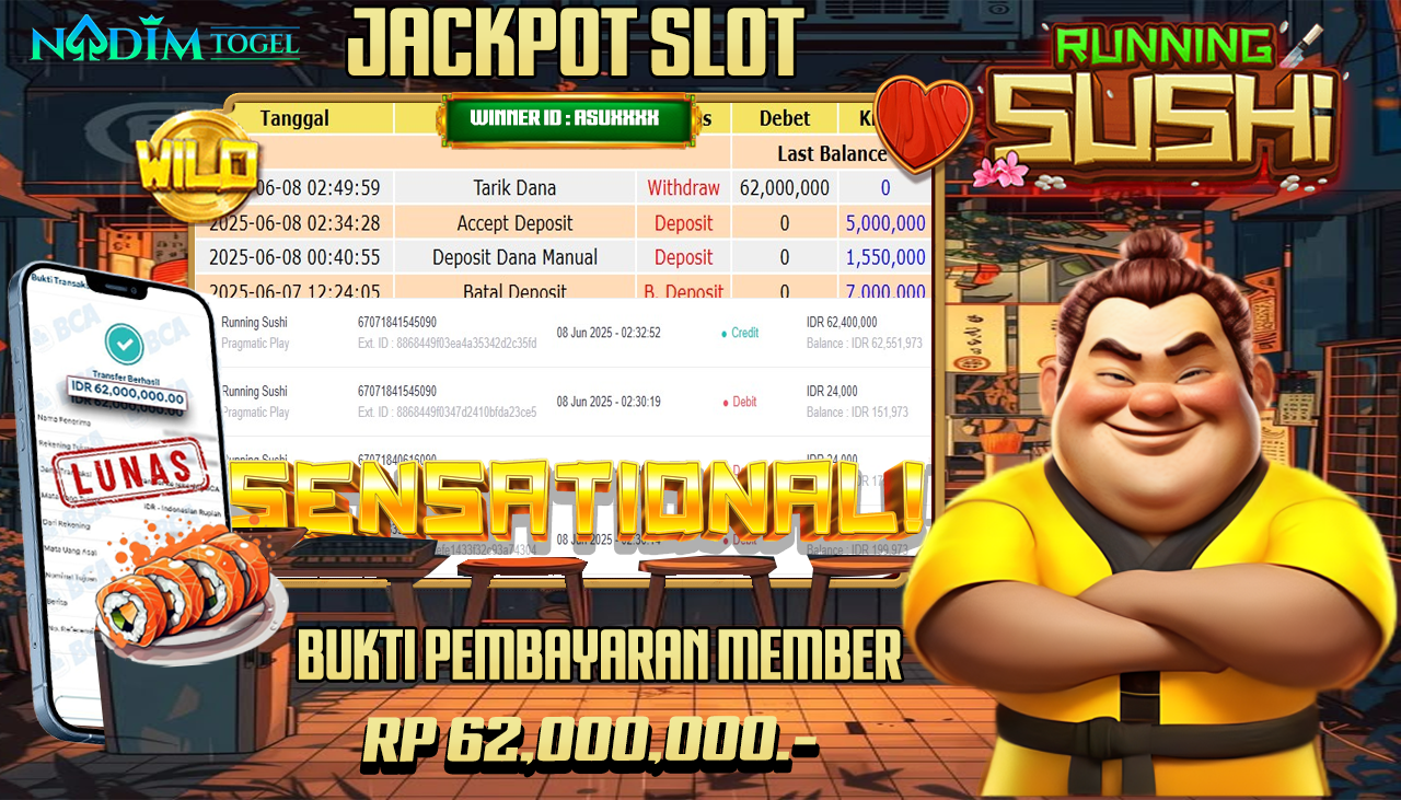 NADIMTOGEL JACKPOT SLOT RUNNING SUSHI PP Rp 62.000.000,- LUNAS
