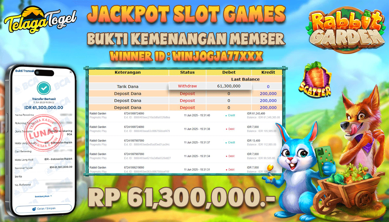 TELAGATOGEL JACKPOT SLOT RABBIT GARDEN Rp 61,300,000,- LUNAS  