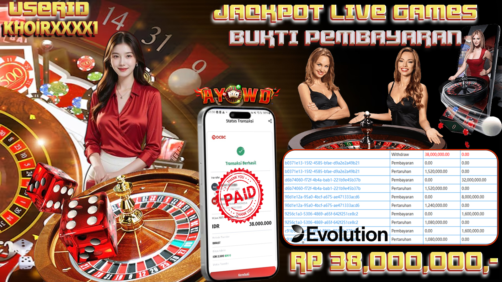 AYOWD JACKPOT LIVE GAME EvoLive2-Evolution Rp 38,000,000- LUNAS