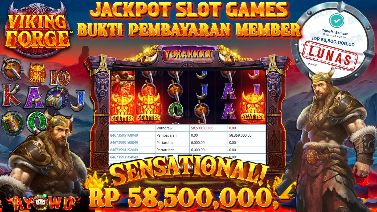 AYOWD JACKPOT SLOT GAMES PP-VIKING FORGE Rp 58,500,000- LUNAS