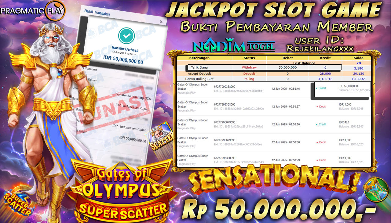 NADIMTOGEL JACKPOT SLOT Gates Of Olympus Super Scatter  Rp 50.000.000,- LUNAS