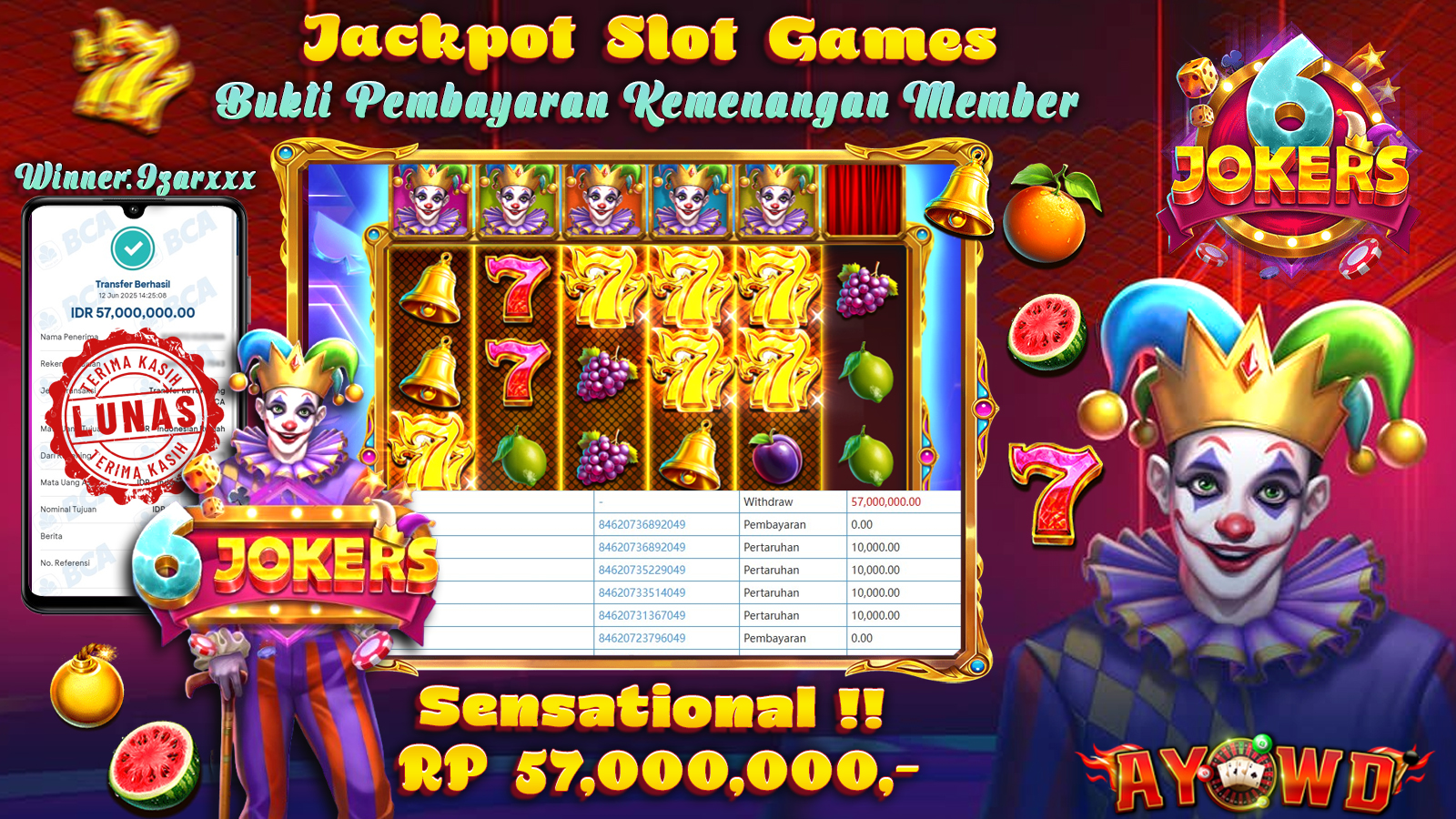AYOWD JACKPOT SLOT GAMES PP- 6 JOKERS Rp 57,000,000- LUNAS