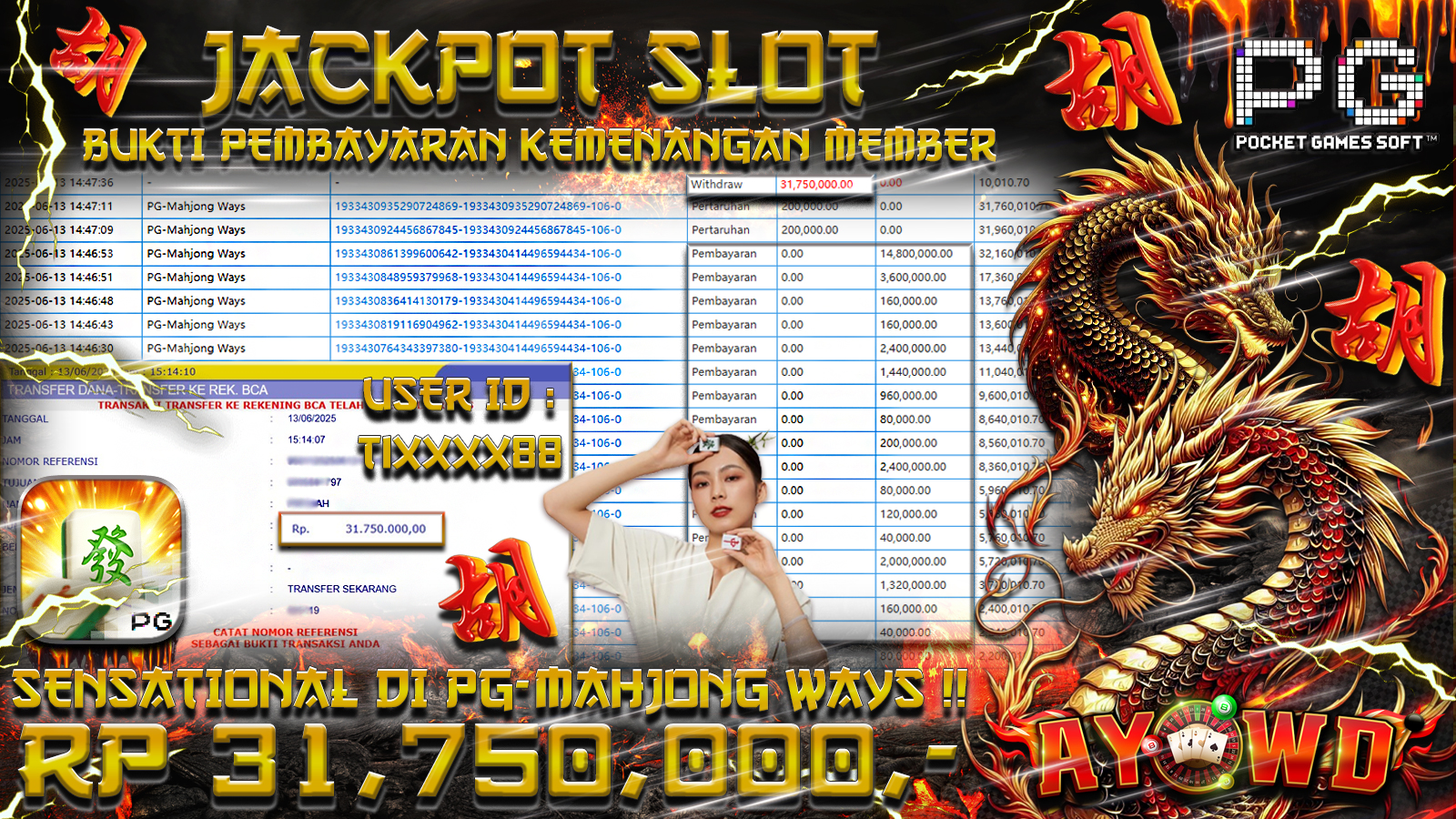 AYOWD JACKPOT SLOT GAMES PG-MAHJONG WAYS Rp 31,750,000- LUNAS