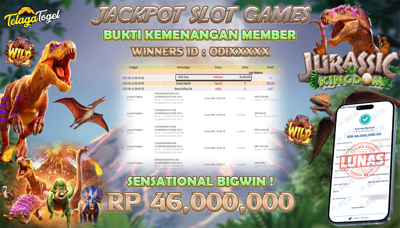 TELAGATOGEL JACKPOT SLOT JURASSIC KINGDOM - PG Soft  Rp 46,000,000,- LUNAS  