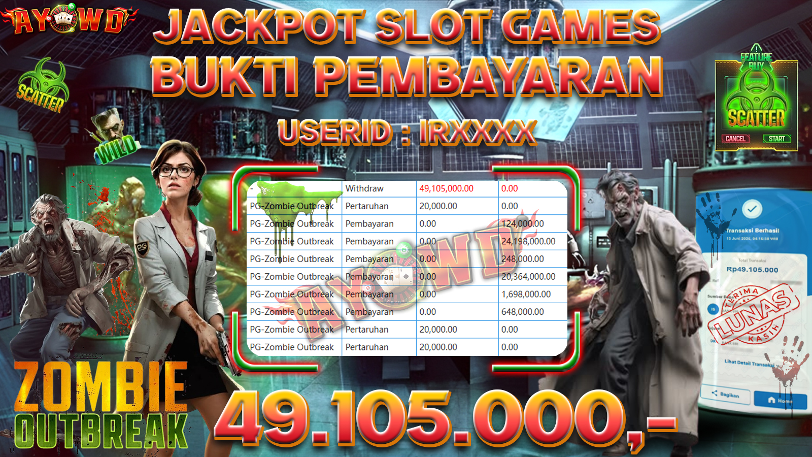 AYOWD JACKPOT SLOT GAMES PG-Zombie Outbreak Rp 49,105,000 - LUNAS