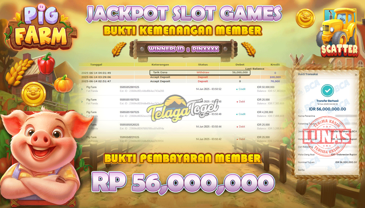TELAGATOGEL JACKPOT SLOT PIG FARM Rp 56,000,000,- LUNAS  