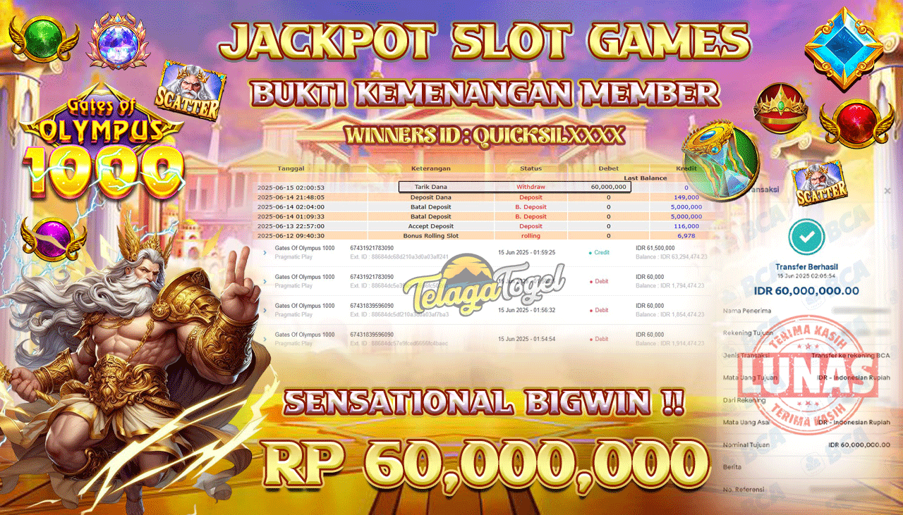 TELAGATOGEL JACKPOT SLOT GATES OF OLYMPUS 1000 Rp 60,000,000,- LUNAS  