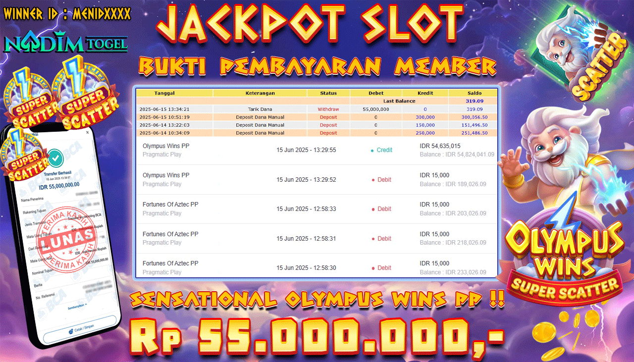 NADIMTOGEL JACKPOT SLOT OLYMPUS WINS PP Rp 55.000.000,- LUNAS