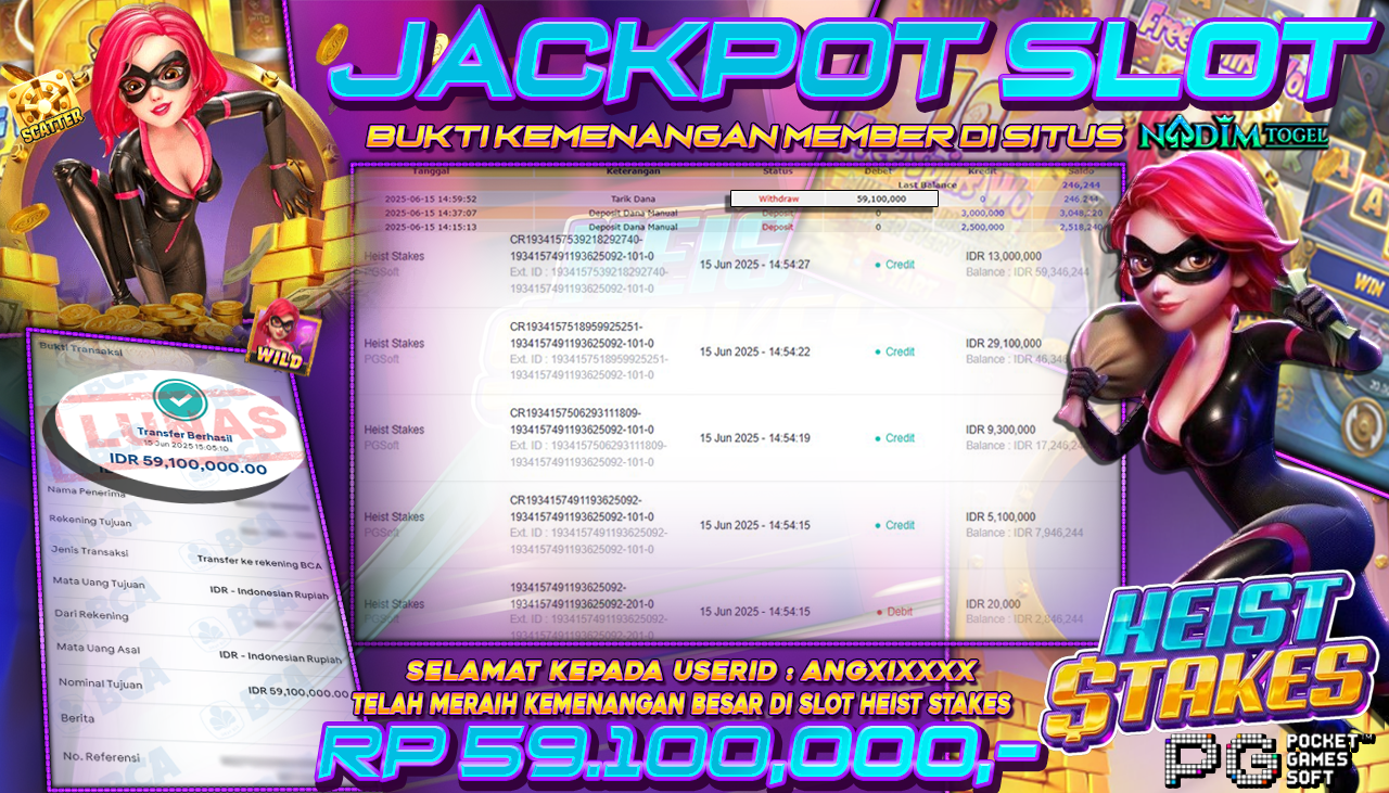NADIMTOGEL JACKPOT SLOT HEIST STAKES Rp 59.100.000,- LUNAS