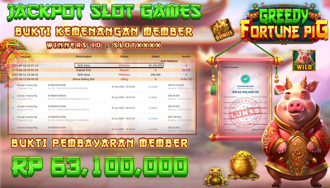 TELAGATOGEL JACKPOT SLOT GREEDY FORTUNE PIG Rp 63,100,000,- LUNAS  